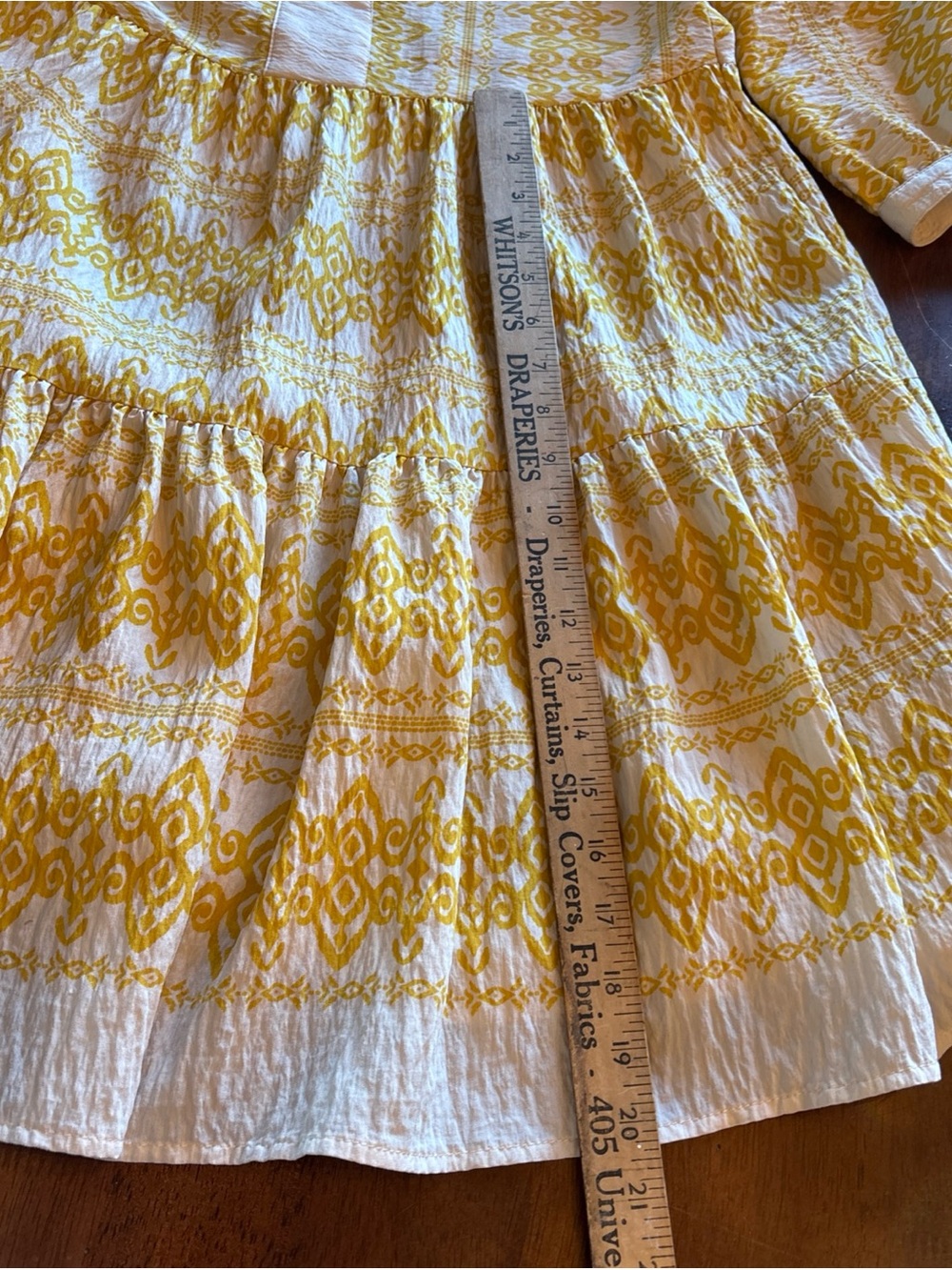 Yellow Patterned Tiered Midi Dress with V-Notch Neck - Picture 8 of 10